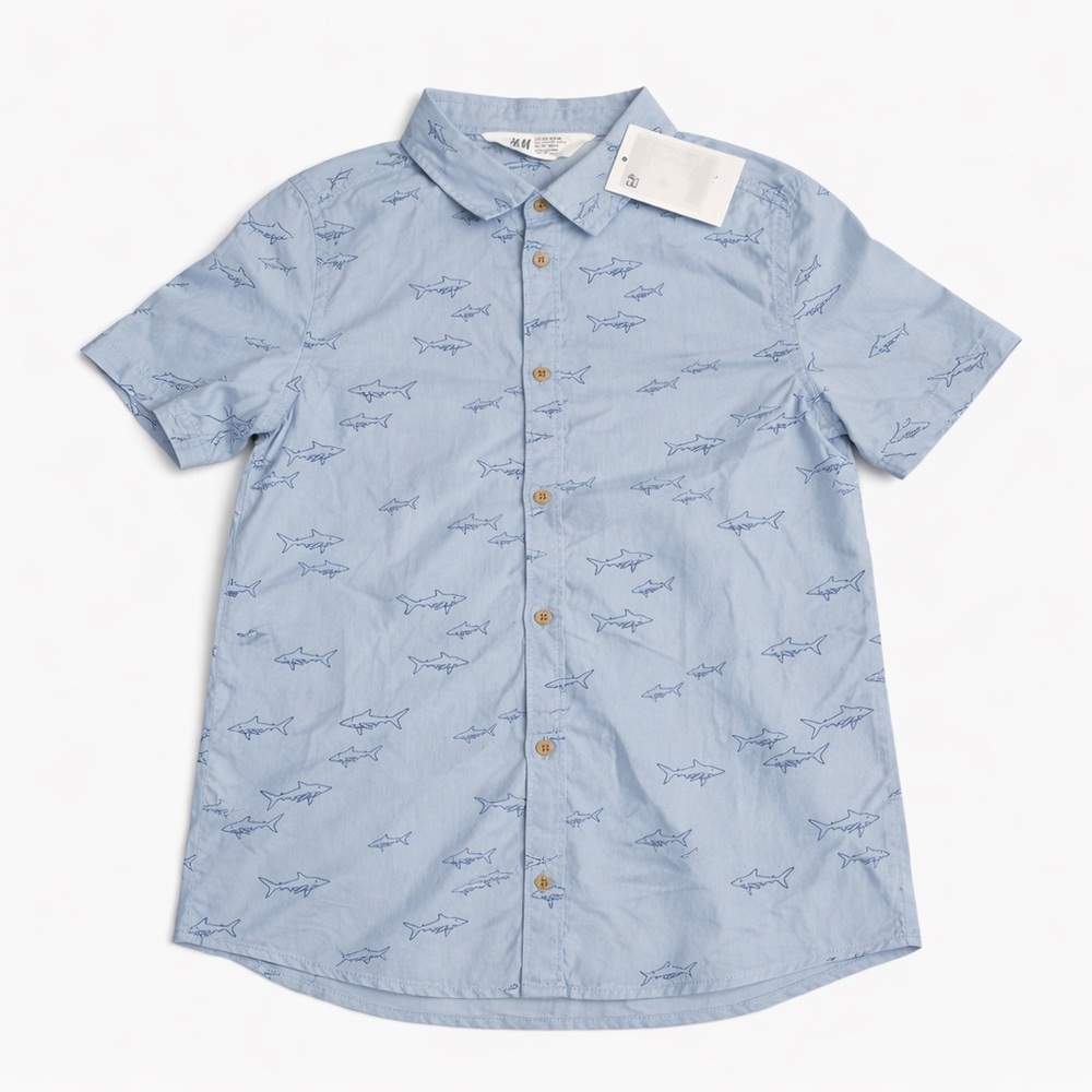 H&M Boys Shark Print Button Down Shirt Size 9/10 NWT Blue